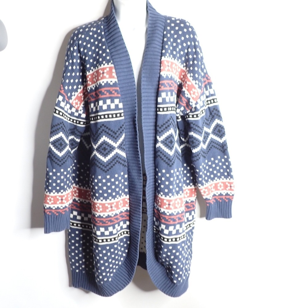 ModCloth Women's Fair Isle Longline Open Front Cardigan Sweater Blue Large
